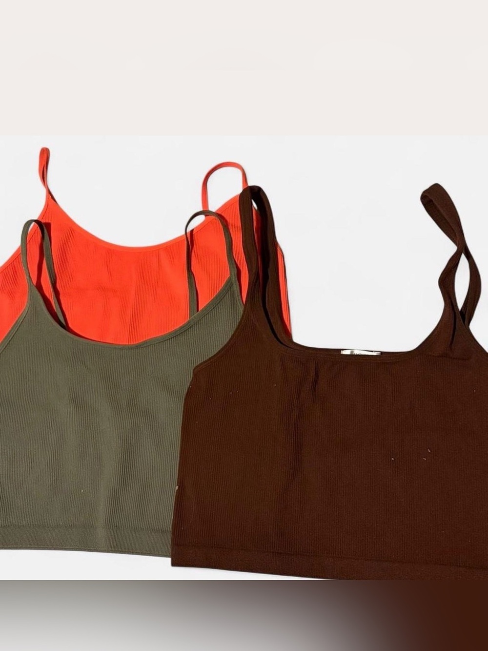 Ribbed Spaghetti Strap Crop Top - Orange, Olive & Brown